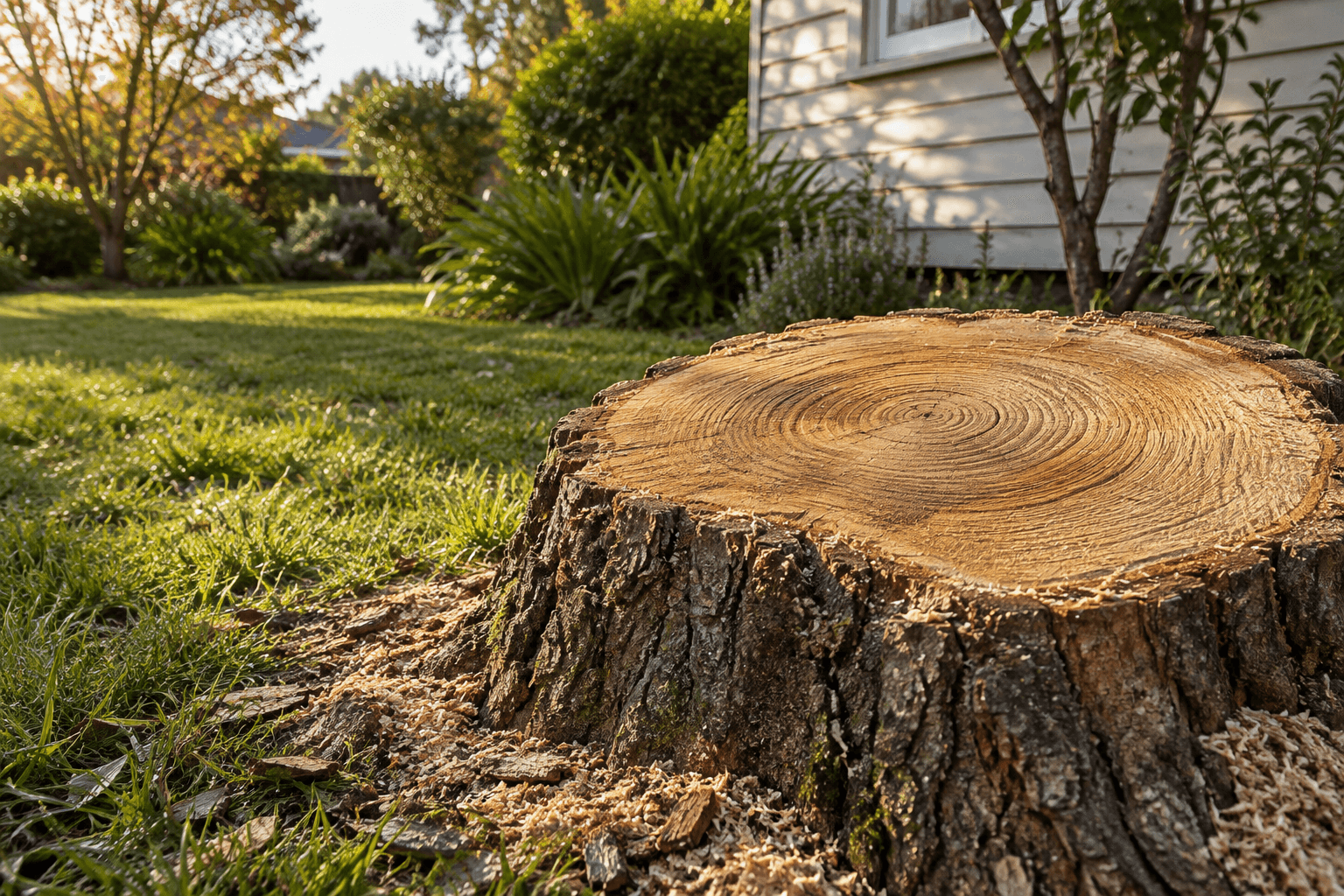Freshly cut tree stump with golden growth rings in a green garden
