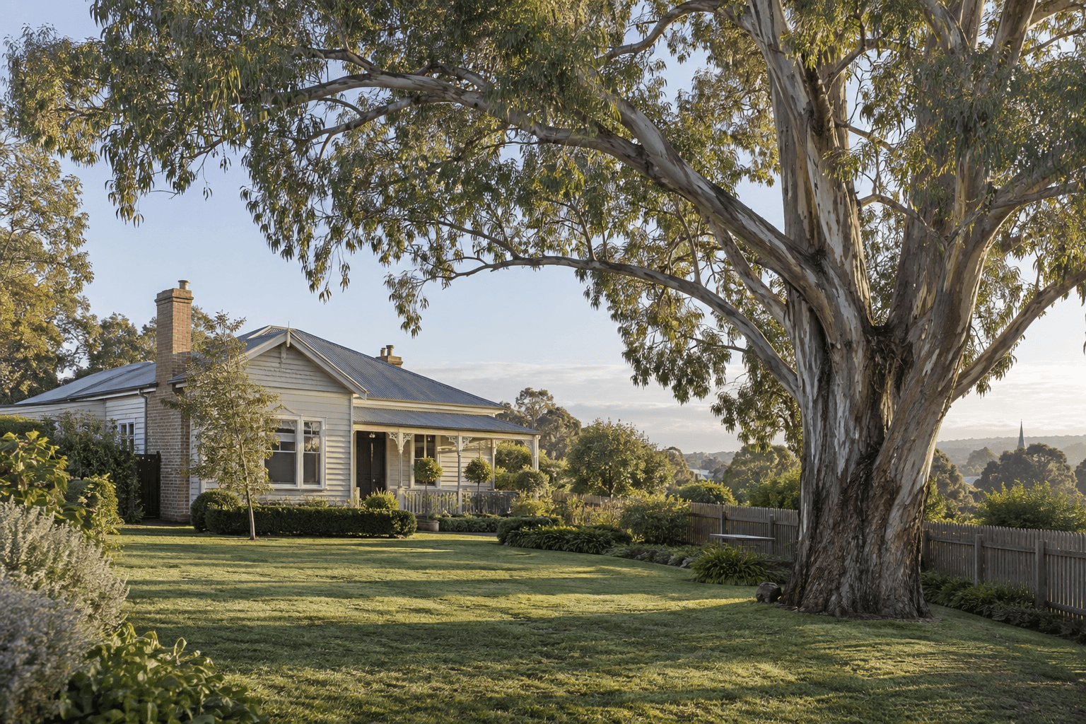 Mature eucalypt beside a weatherboard home and open garden in soft morning light